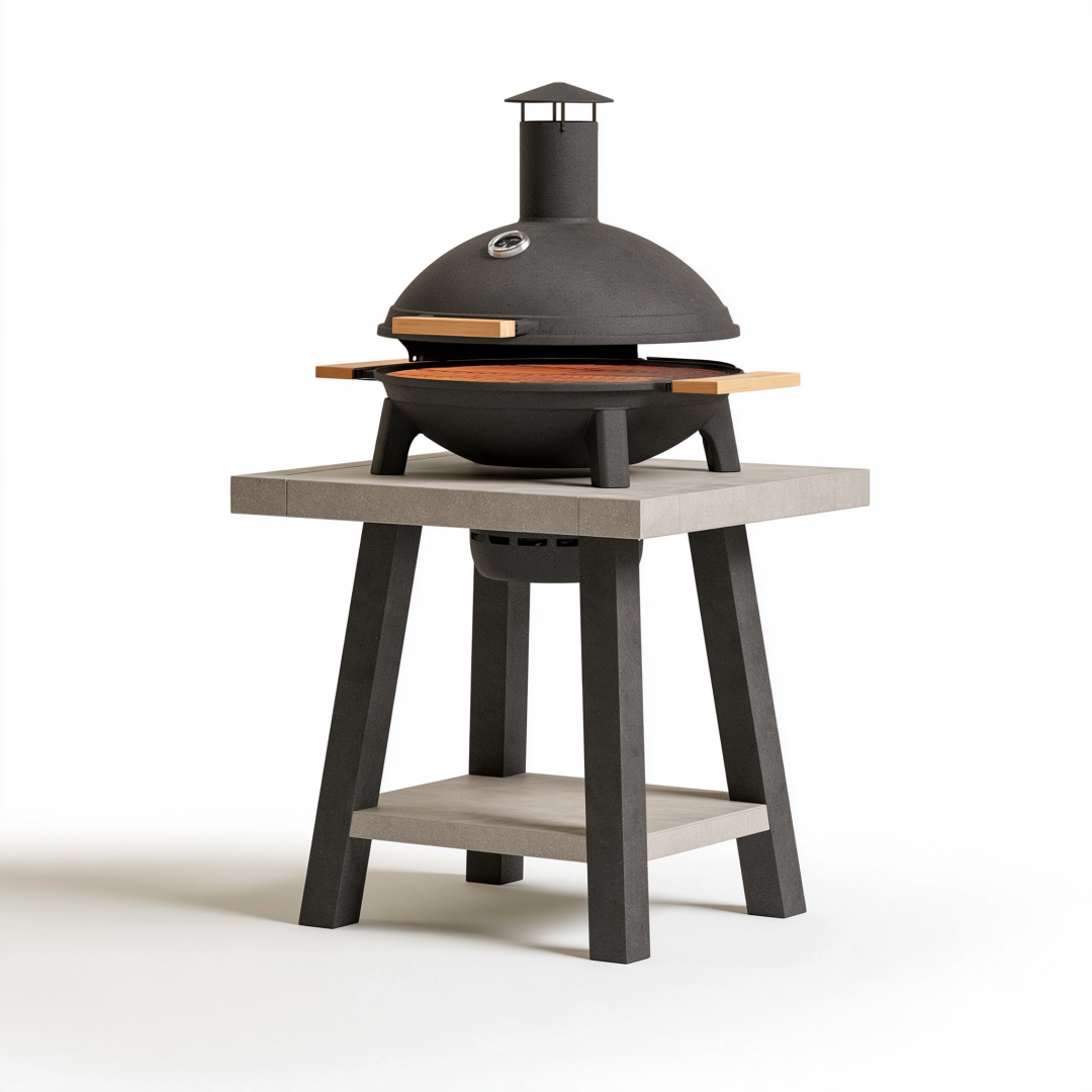 Barbecue au charbon Ø 70 cm en acier noir avec chariot et thermomètre