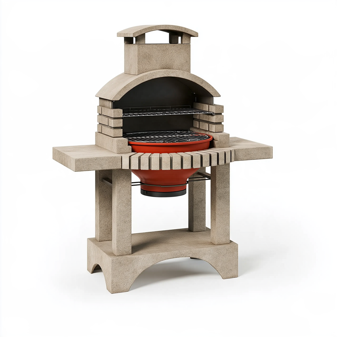 Barbecue de jardin 110 x 70 x 180 cm en béton réfractaire beige avec grilles en acier style traditionnel