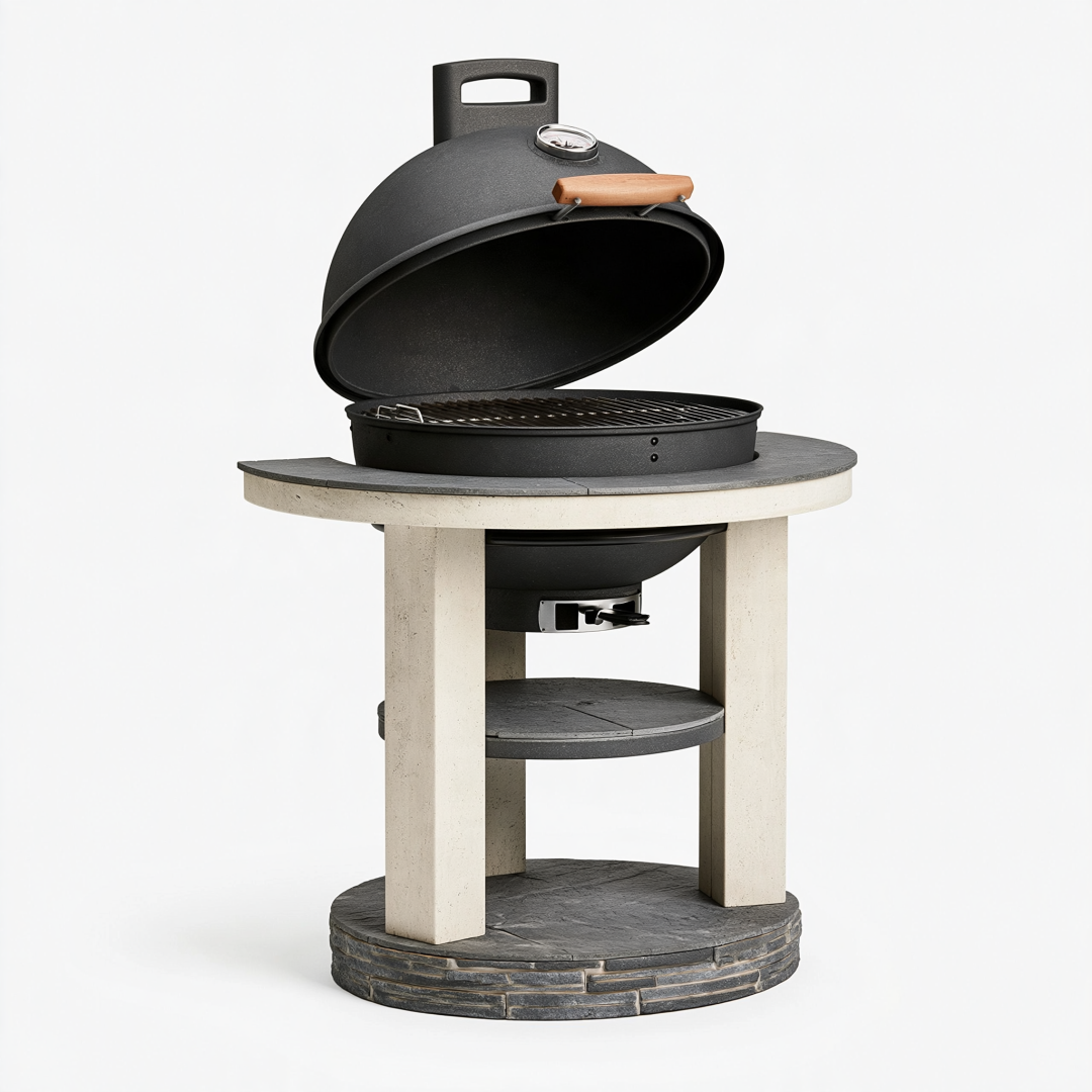 Barbecue de jardin 75 cm noir en métal avec couvercle et thermomètre style kamado