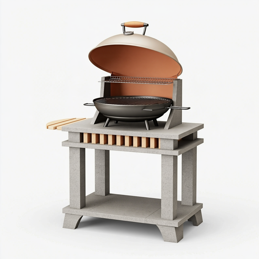 Barbecue à charbon 100 x 70 x 150 cm en métal gris et béton pour extérieur