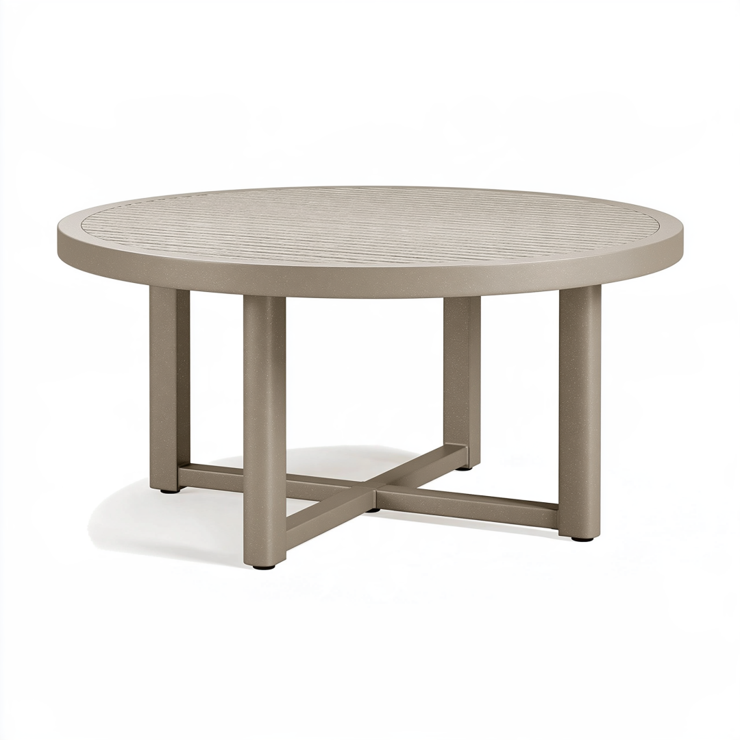 Table basse ronde Ø90 cm en aluminium taupe pour extérieur style contemporain