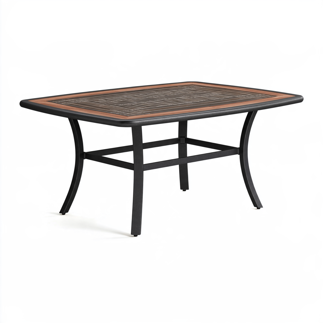 Table de jardin rectangulaire 150 x 90 cm en métal noir et brun - plateau décor effet bois style contemporain