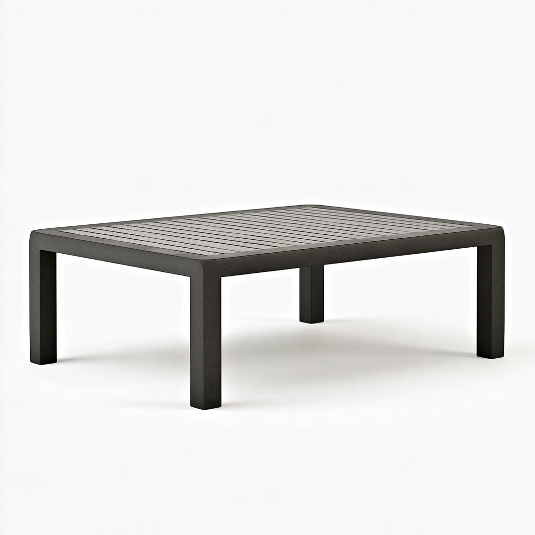 Table basse de jardin 120 x 70 x 45 cm en aluminium noir à lattes style contemporain