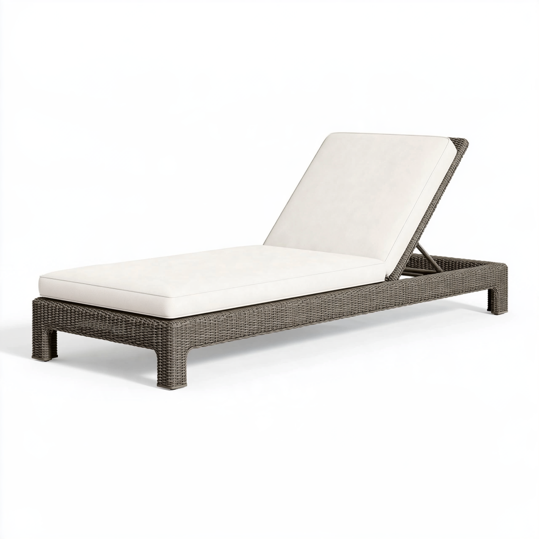 Bain de soleil 200 x 70 cm en fibre tressée marron avec coussin blanc dossier réglable extérieur
