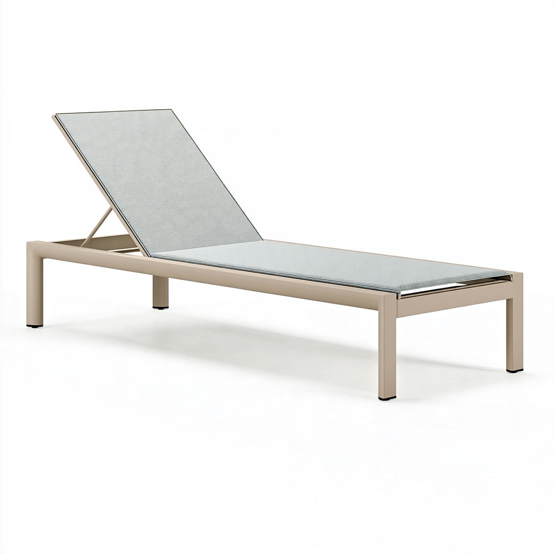 Bain de soleil 200 x 70 cm en aluminium beige et textile gris clair avec dossier réglable