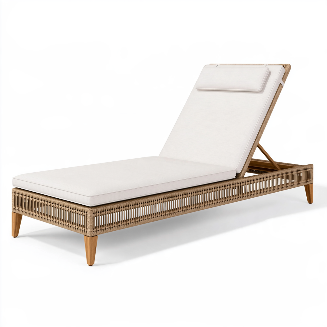 Bain de soleil 200 x 70 cm en rotin synthétique beige avec coussin blanc dossier réglable
