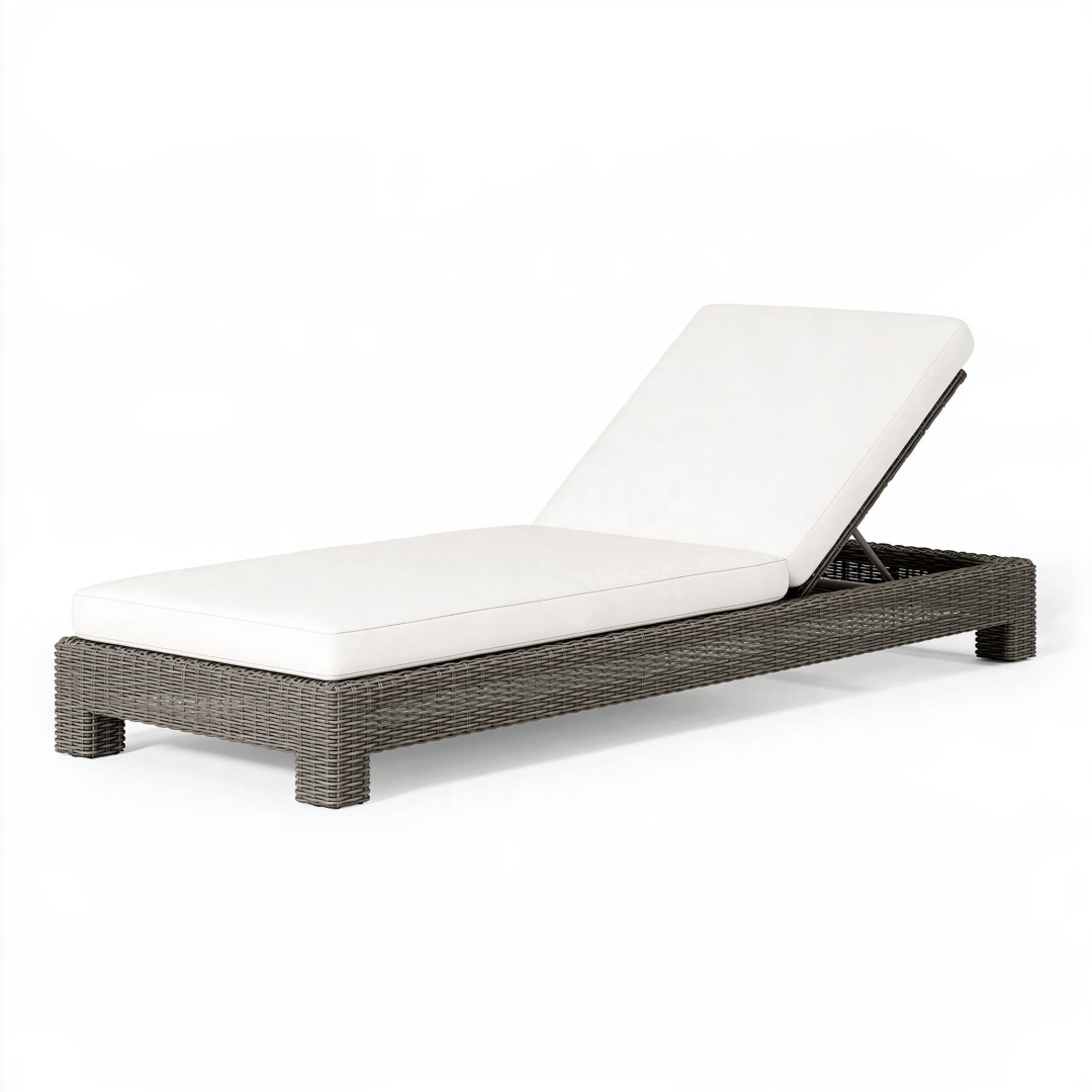 Chaise longue d'extérieur 200 x 70 cm en résine tressée gris brun avec coussin blanc et dossier réglable