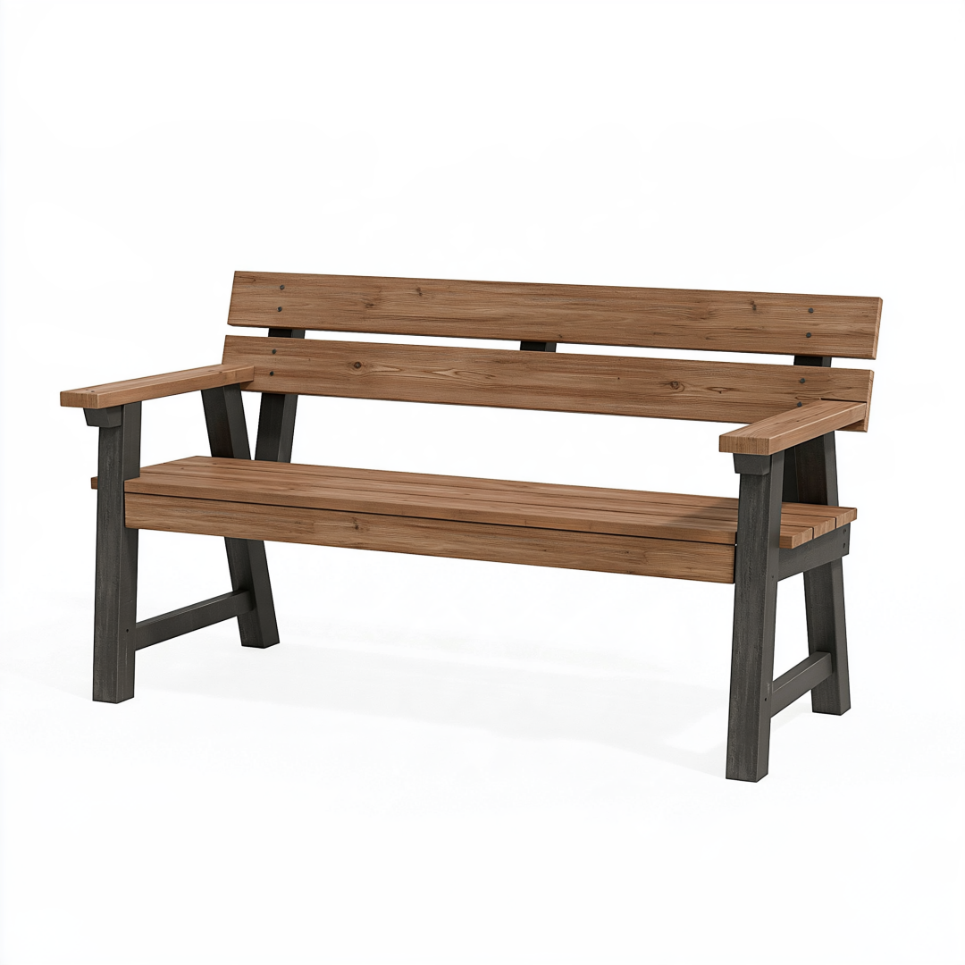 Banc de jardin 150 x 65 x 85 cm en bois marron et métal noir avec accoudoirs