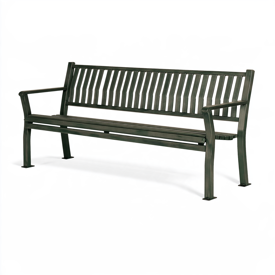 Banc de jardin 180 cm en acier noir à lattes avec accoudoirs