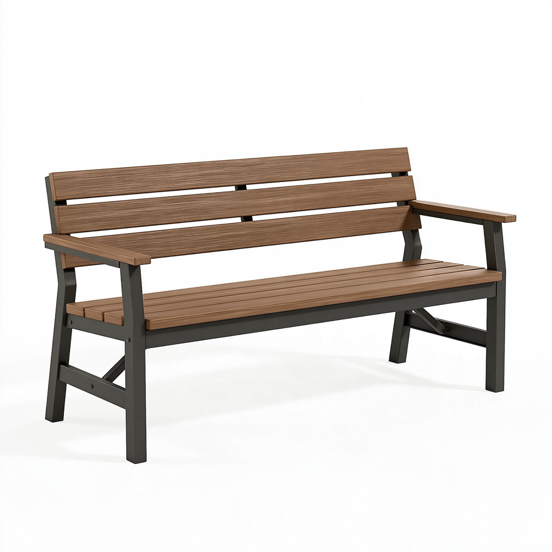 Banc de jardin 120 cm en bois brun et métal noir avec dossier et accoudoirs